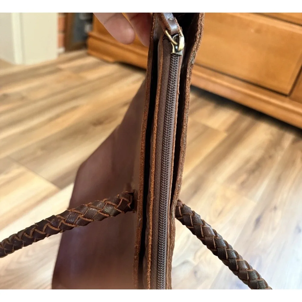 Noonday Collection Rustic Leather Tote Shoulder Bag Cognac Studded Leather Large